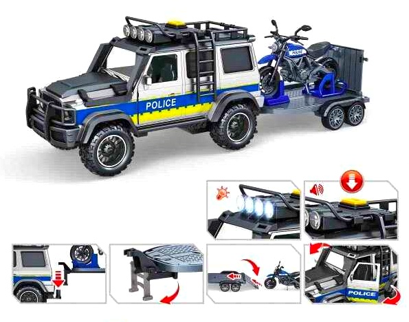 Джип 666-38 Q , “Поліція”, на батарейках, масштаб 1:14, підсвічування, звуки, інерція, гумові шини, причіп, мотоцикл, відчиняються дверцята, в коробці