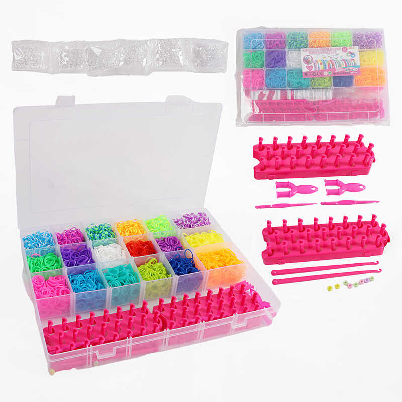 Набір резиночок для плетіння J 788 (36/2) 18 кольорів, пластикова фурнітура, рогатки, гачки, верстат, намистинки, інструкція, в боксі