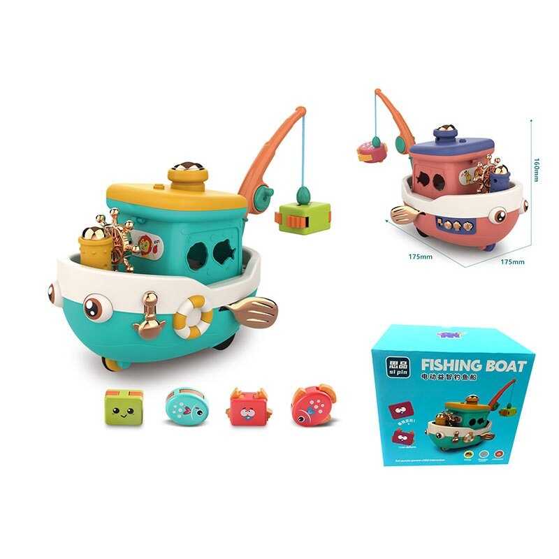 Музичний катер 9914 C (48/2) 2 кольори, 2 режими гри, магнітна риболовля, звуки, підсвічування, мелодії, їде вперед, на батарейках, руль-тріскачка, рухомі елементи, в коробці