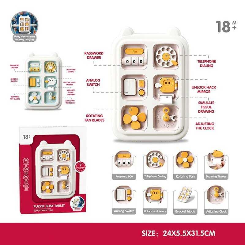 Бізіборд YL 1055 A (72) 2 кольори, тріскачка, спіннер, дзеркальце, перемикачі, годинник, підставка, кріплення, в коробці