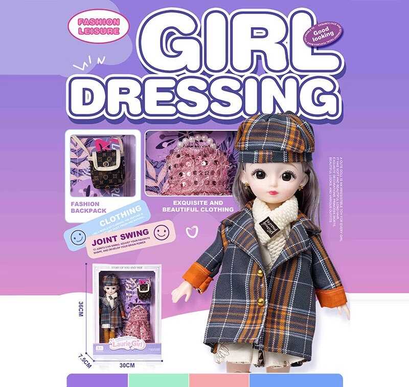 Лялька Q-A 37 (72/2) висота - 30 см, тіло — пластик, голова — гума, шарнірні з’єднання суглобів, знімне взуття, змінний одяг, аксесуари, в коробці