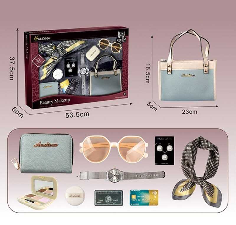 Набір аксесуарів 676-1 (24) сумочка, гаманець, імітація косметики, функціональний годинник, імітація карток, хустка, окуляри, прикраси, в коробці