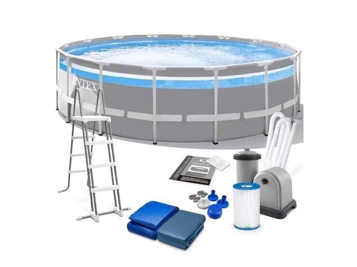 Intex Басейн каркасний 26730 (1) об`єм(90):19114л, розмір:488х122см, картріджний фільтр-насос 5678 л/год, драбина, тент, підстилка