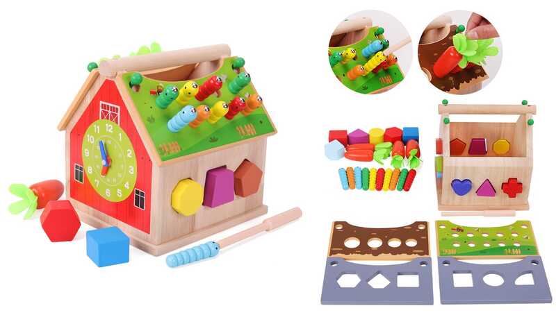 Логічний будиночок C 75555 (12) дерев’яний, годинник, сортер, геометричні фігурки, магнітна риболовля, гра з морквинами, в коробці