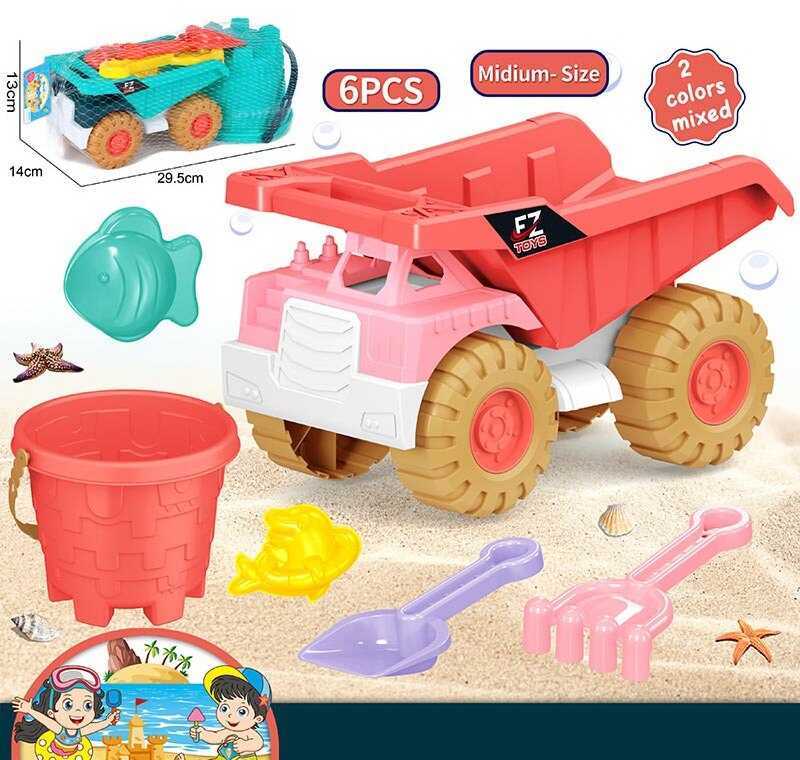 Пісочний набір 733-389 (96/2) 2 кольори, розмір самоскида - 29.5х14х13 см, відро, граблі, лопатка, 2 формочки, в сітці