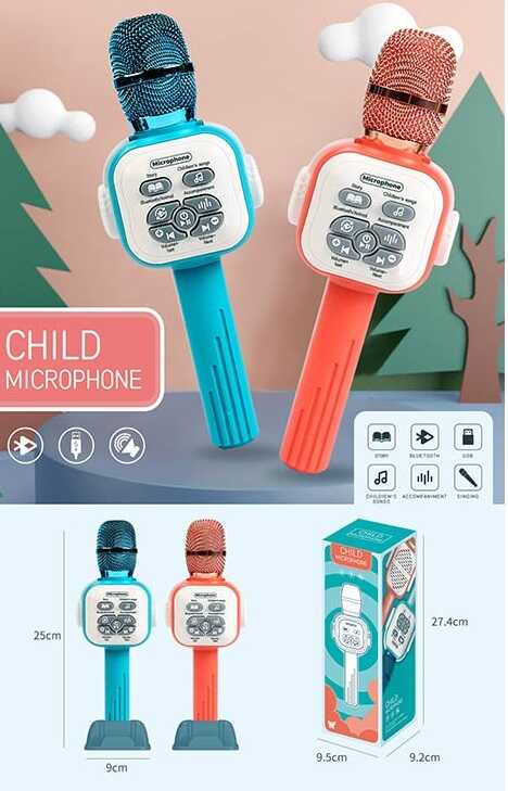 Мікрофон 100 К-К (36/2) 2 кольори, підсвічування, мелодії, караоке, колонка, Bluetooth, пісні, історії, назви тварин англійською мовою, вбудований акумулятор, регулювання гучності, у коробці