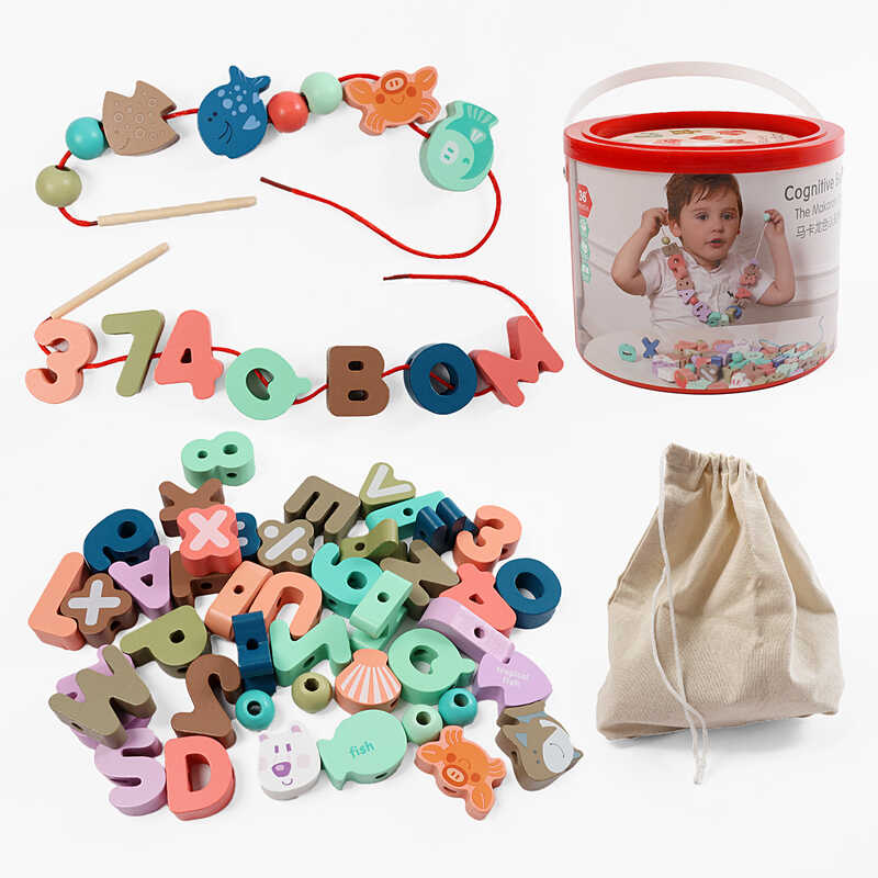 Шнурівка дерев'яна C 74420 (24) 8 шнурків з дерев’яним краєм, абетка, морські жителі, цифри, математичні знаки, мішечок для зберігання, у відрі