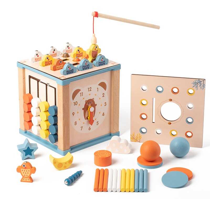 Куб логічний C 75623 (18) дерев’яний, годинник, сортер, фігурки, магнітна риболовля, пальчикова гра, в коробці