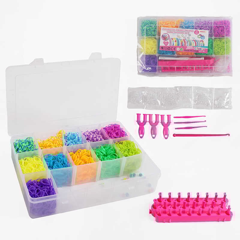 Набір резиночок для плетіння J 786 (48/2) 11 кольорів, пластикова фурнітура, рогатки, гачки, верстат, намистинки, інструкція, в боксі
