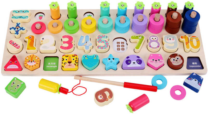 Логічна дерев’яна дошка C 74157 (18) гра з кілочками, кольорові кільця, вкладиші, цифри, форми, магнітна гра, в коробці