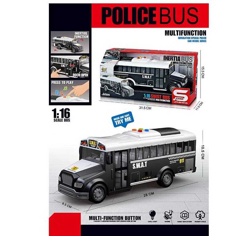 Автобус JS 125 A (36) "Автобус поліції", звук, підсвітка, масштаб 1:16, механічне відкриття дверей, гумові колеса, інерція, в коробці