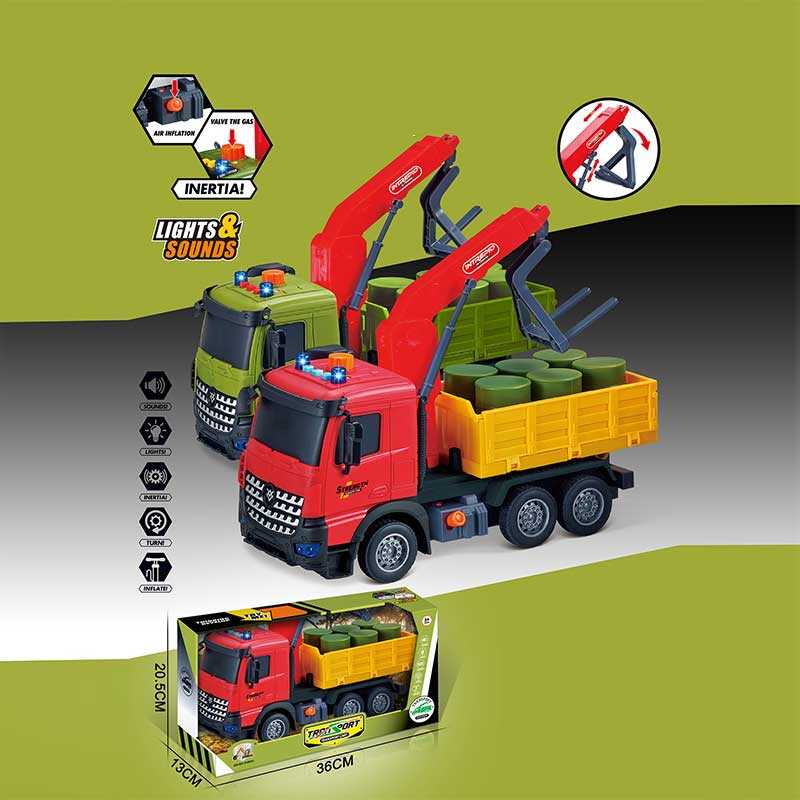 Машина музична 687-59 B (24/2) 2 кольори, "Вантажівка", підсвічування, звукові ефекти, механічне підіймання стріли, інерція, рухомі деталі, бочки, в коробці, ВИДАЄТЬСЯ МІКС ВИДІВ