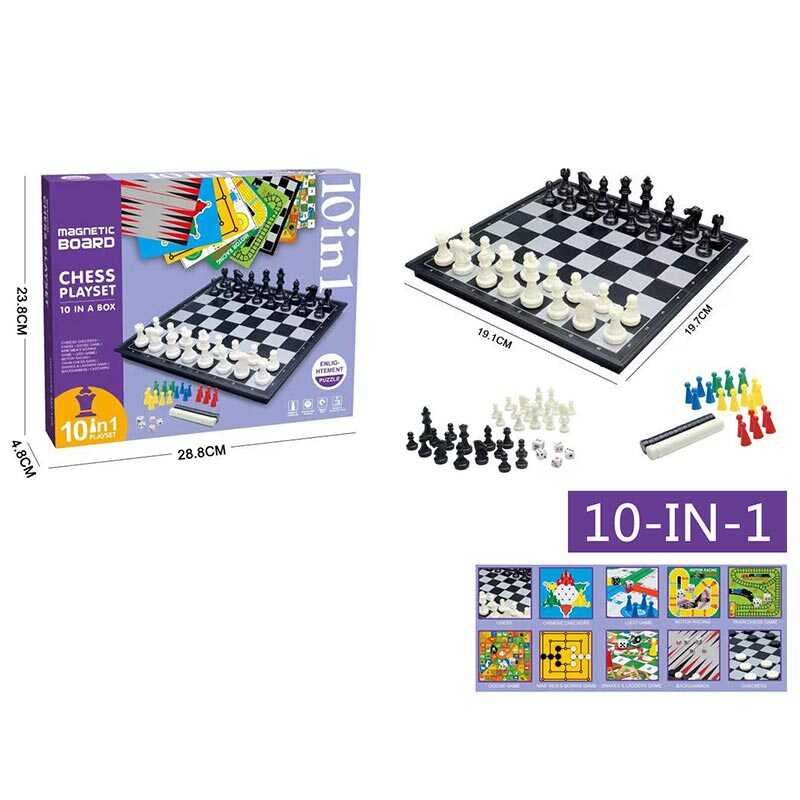 Гра 2012 A (36/2) 10 в 1, шахи, шашки, лудо, дев'ять людей морріса, автоперегони, змії та драбини, нарди, в коробці