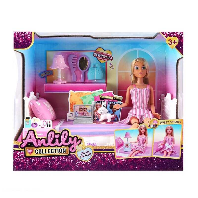 Лялька з меблями 616039 (12) висота: 30 см, шарнірні з’єднання суглобів, голова та руки: гума, тіло та ноги: пластик, знімний одяг, взуття,  довжина ліжка: 31 см, подушка, простирадло, аксесуари, в коробці