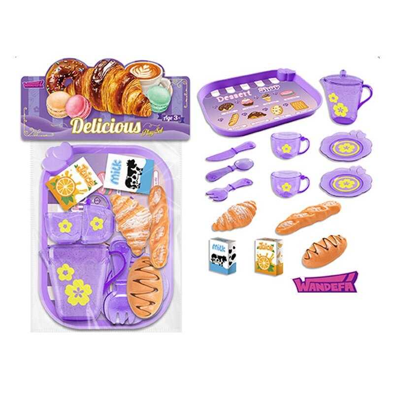 Набір продуктів 99001 (120/2) таця, 2 чашки, 2 блюдця, чайничок, ніж, ложка, вилка, круасан, багет, хліб, коробочки з молоком і соком, в пакеті