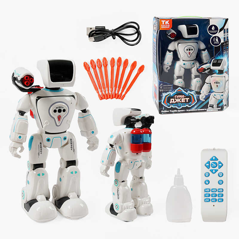 Робот на радіокеруванні 79977 (8) "TK Group", ОЗВУЧУВАННЯ УКРАЇНСЬКОЮ МОВОЮ, підсвічування, сенсорне керування, пісні, казки, вікторина, рухи, танці, стріляє ракетами, гідроакумулятор, usb-дріт, пляшечка, інструкція, в коробці