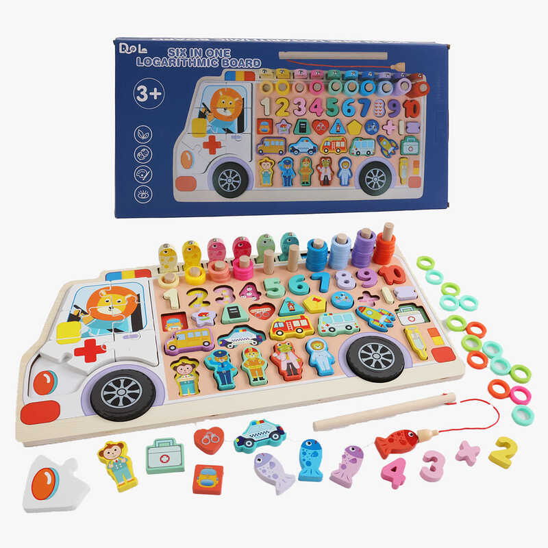 Логічна дерев’яна дошка C 53625 (30) сортер, пазл, магнітна риболовля, назви цифр та фігур англійською мовою, дерев'яні кілочки, кольорові кільця, в коробці