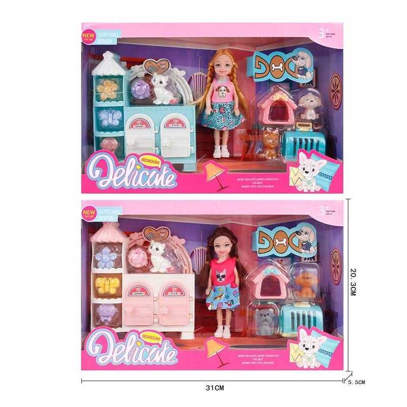 Лялька L 5-37 (96/2) 2 види, 3 улюбленці, будка, переноска, висота ляльки 14см, тумба, двері відчиняються, заколки, в коробці