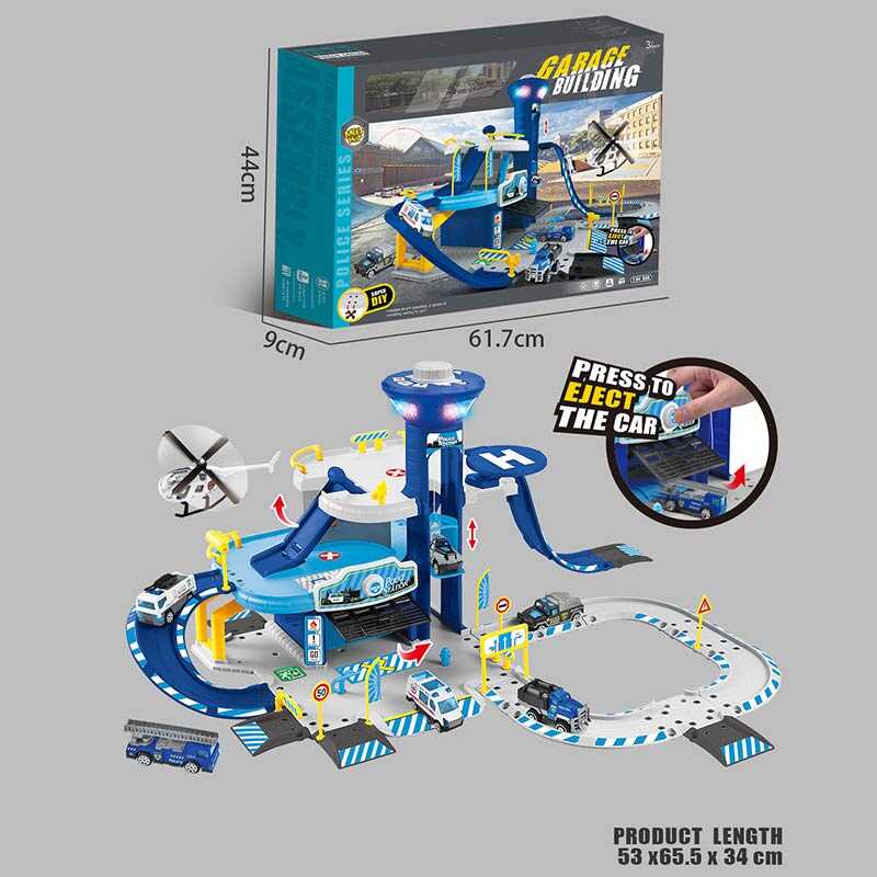 Трек MH 102 (10) парковка, довжина 53см, підсвічування, звукові ефекти, ОЗВУЧУВАННЯ АНГЛІЙСЬКОЮ, 3 металопластикові моделі спецтехніки, в коробці