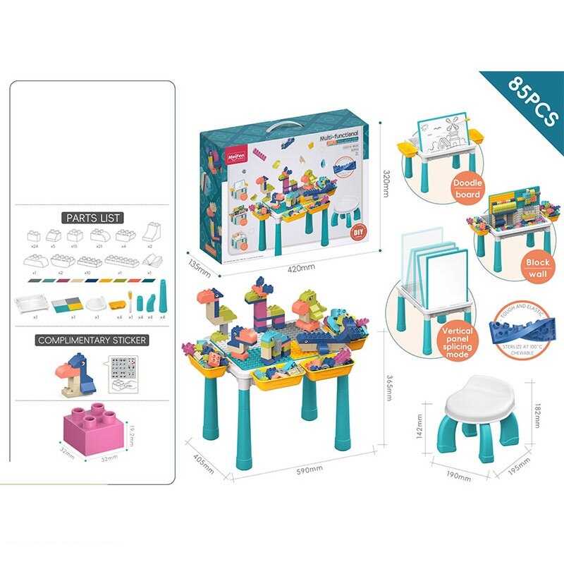 Столик з конструктором 10351 A-Q 03 C (12) 85 деталей, розмір столика: 59х40.5х36.5 см, стільчик, еластичні гумові деталі, дошка для малювання, маркер “пиши-витирай”,  в коробці