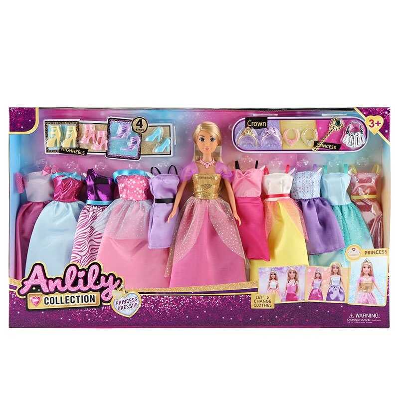 Лялька з аксесуарами 616085 (18) висота: 30 см, голова та руки: гума, тіло та ноги: пластик, знімна сукня, 10 додаткових суконь, 4 пари взуття, 2 діадеми, 3 кольє, аксесуари, в коробці