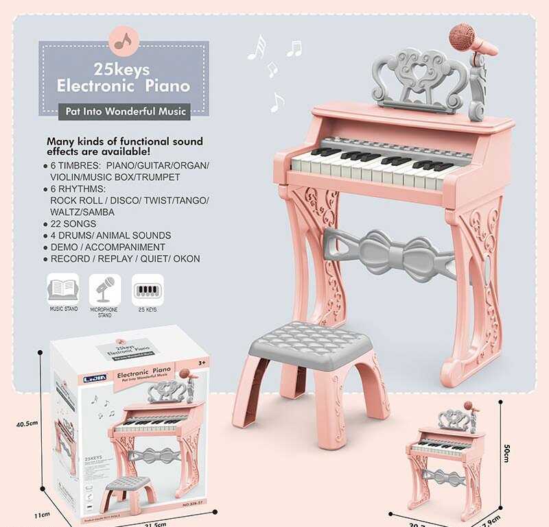 Піаніно 328-27 (12) мікрофон, стілець, 25 клавіш, працює від мережі або батарейок, звук, мелодії, 2 AUX-роз'єми, AUX-кабель, USB-AUX кабель, регулювання гучності, функція запису, в коробці