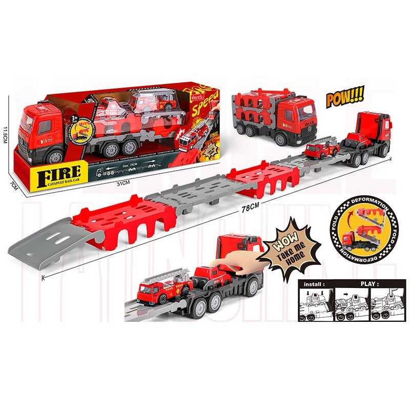 Трейлер 8901 (96/2) трек, довжина - 78 см, інерція, 1 машинка, механічний запускач, гумові шини, в коробці