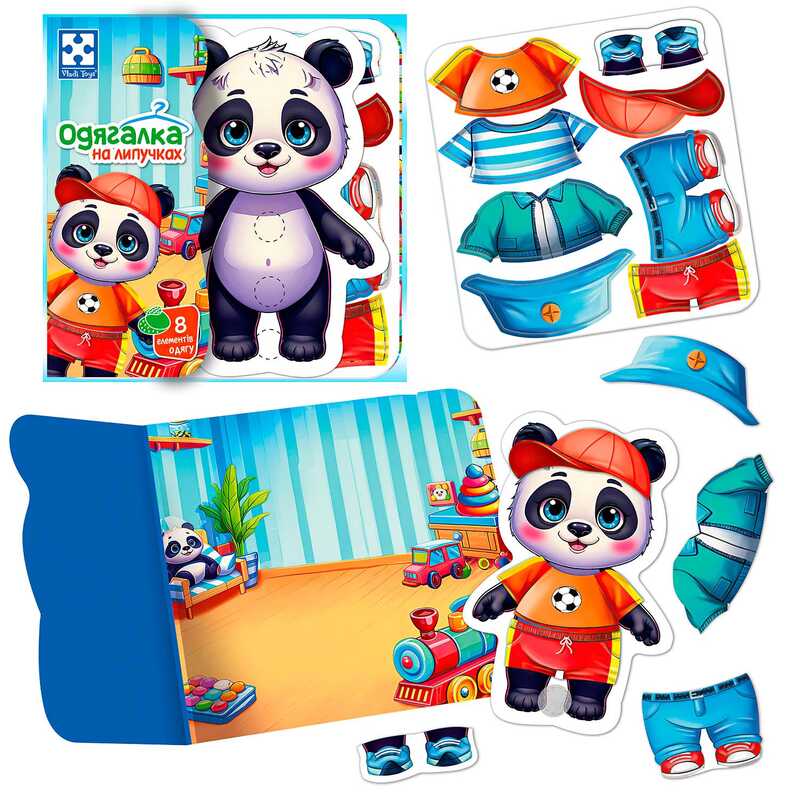 гр Гра з липучками "Панда" VT1320-06 (20) "Vladi Toys", фігурка тваринки, 8 предметів одягу, ігровий фон