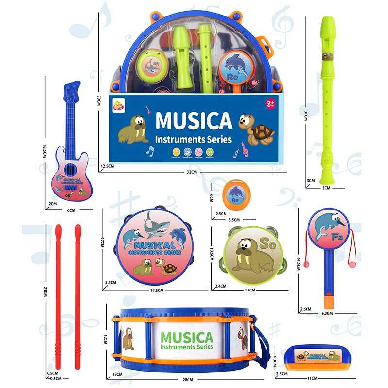 Набір музичних інструментів 818 A (18/2) 7 елементів, чуттєва мембрана, барабан, гітара, сопілка, бубон, губна гармошка, маракаси, в коробці