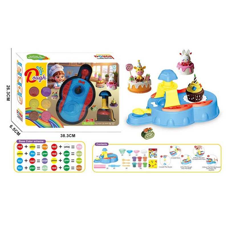 Тісто для ліплення 9028 (36/2) прес, довжина - 22 см, тісто у 6ти  кольорах, тарілочка, форми, виделка, ложка, 2 ножі, в коробці