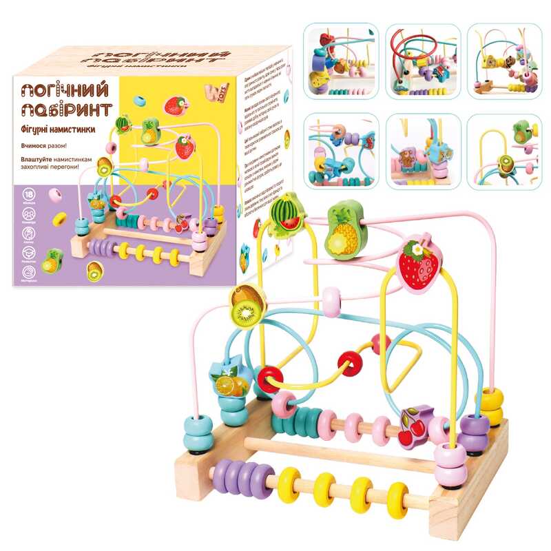 Пальчиковий лабіринт 14026 (18) "WToys", 2 види, дерев'яний, 2 рахівниці, кольорові намистинки, "фруктові" фігурки, в коробці