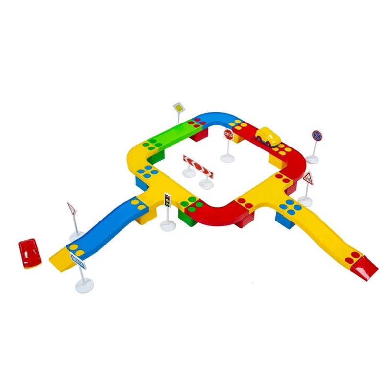 гр Конструктор "Кольорова дорога №2" 114/23 (12) "BAMSIC" 33 деталі, 2 машинки, дорожні знаки, в тубусі