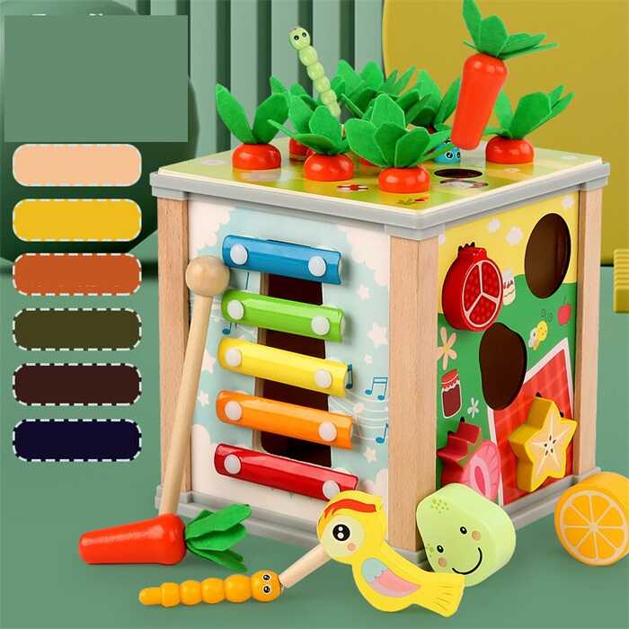 Куб логічний C 74168 (18) дерев'яний, 6 в 1, ксилофон, годинник, магнітна гра, морквини, пальчикові ігри, шестерні, сортер,  у коробці