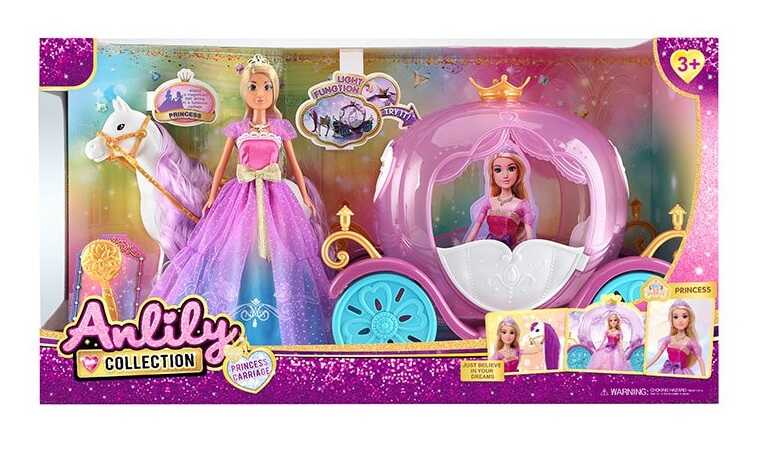 Лялька з каретою 616853 (6) підсвічування, висота ляльки 30 см, шарнірні кінцівки, намисто, корона, кінь із сідлом, карета, дверцята відчиняються, в коробці