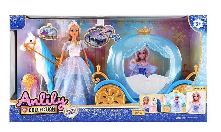 Лялька з каретою 616852 (6) підсвічування, висота ляльки 30 см, шарнірні кінцівки, намисто, корона, кінь із сідлом, карета, дверцята відчиняються, в коробці