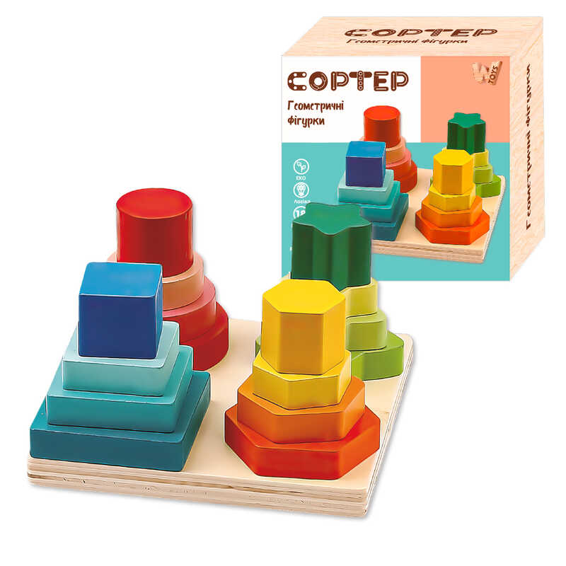 Геометричний сортер 36801 (36) "WToys", дерев’яний, 12,5х12,5 см, в коробці