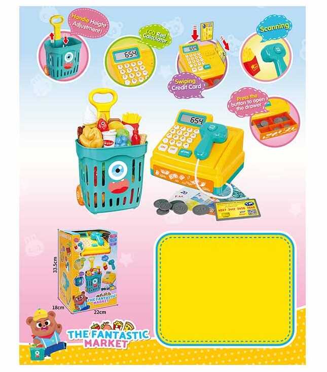 Касовий апарат 35654 (8/2) звуки, підсвічування, калькулятор, муляжі грошей, муляжі продуктів, кошик для супермаркету, в коробці