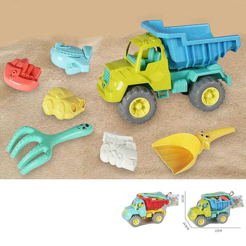 Пісочний набір KZ 6438 A (36/2) 2 кольори, розмір самоскида - 27х14.5х18 см, лопатка, граблі, 4 формочки, в сітці