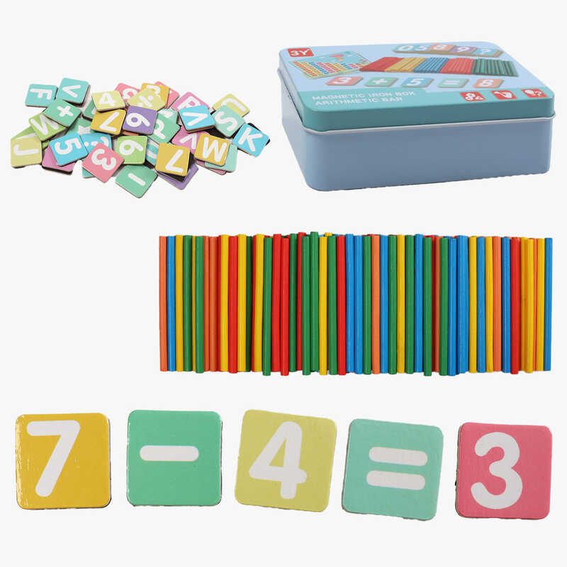 Математична гра C 73828 (120) дерев`яні магніти, англійська абетка, цифри, математичні позначки, приклади, палички, кольори, в боксі