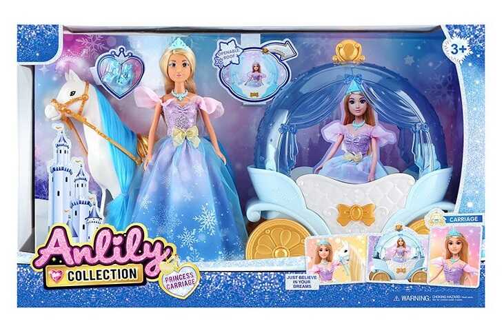 Лялька з каретою 616689 (6) висота ляльки 30 см, шарнірні кінцівки, намисто, пара взуття, корона, кінь із сідлом, карета, дах відчиняється, в коробці