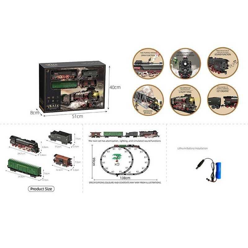 Залізниця 608 B (12) 4 вагони довжиною 68 см, дорога 99х138 см, підсвічування, парогенерація, звук-беззвучний режим, рух вперед-назад, акумулятор 3.7V, в коробці
