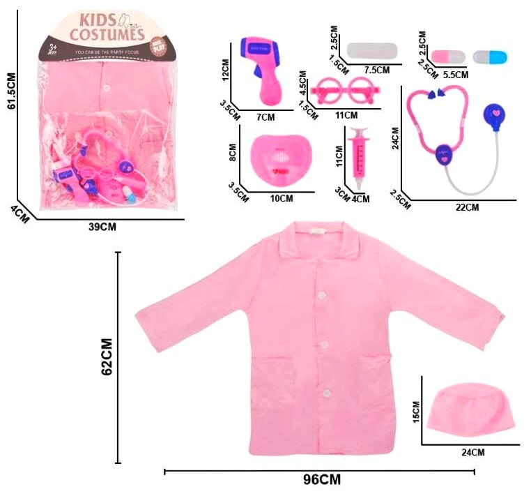 Набір лікаря MJS 006-1 , халат лікаря, шапочка, стетоскоп, шприц, термометр, 2 пігулки, в пакеті