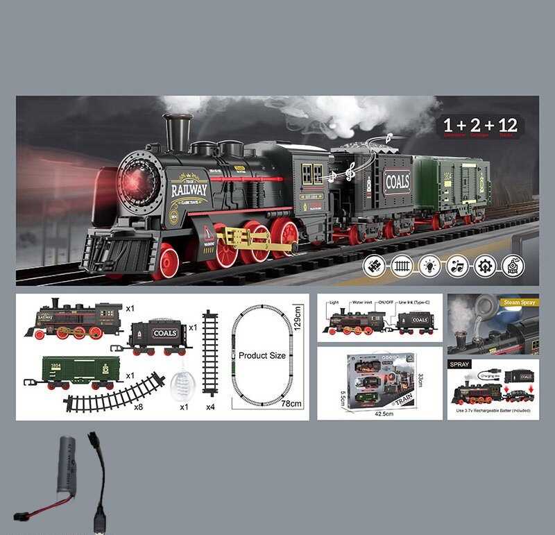 Залізниця 652 X12 (42/2) парогенерація, підсвічування, звук, акумулятор, дорога 78х129 см, 1 локомотив, 2 вагони, 12 елементів дороги, в коробці