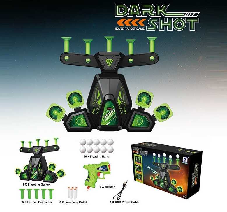 Повітряний тир 3372 (24) 2 режими: статичні мішені та левітуючі кульки, підсвічуване табло, звук, регуляція потужності повітря, механічний пістолет, 5 м'яких патронів, 10 пінопластових кульок, люмінесцентні елементи, від мережі або від батарейок, в коробц