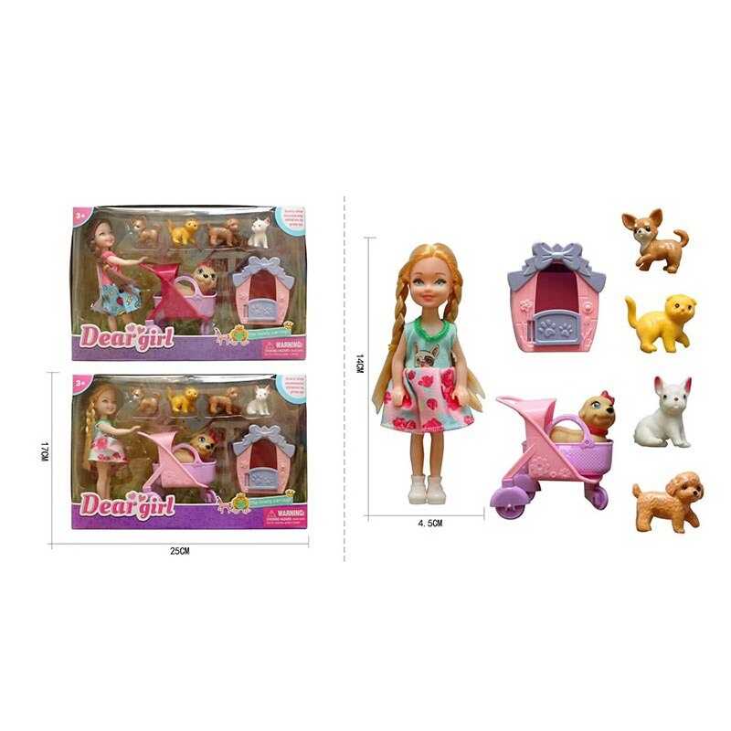 Лялька L 5-21 (96/2) 2 види, висота ляльки - 14 см, гумова голова, 5 фігурок тварин, лялька, будка, візочок, рухомі деталі, в коробці