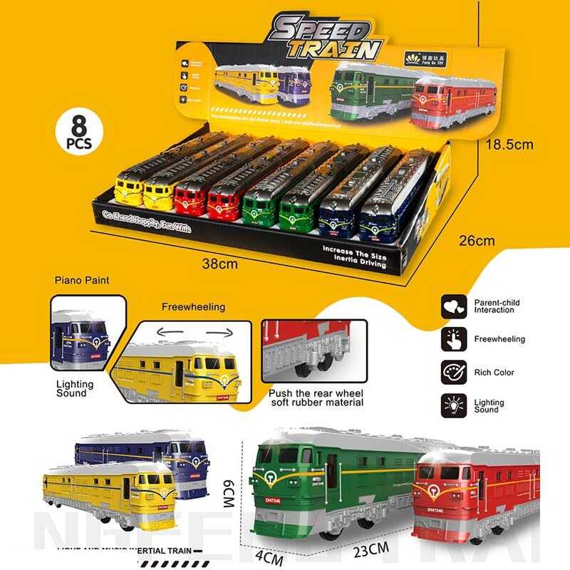 Набір потягів 731-8 A (12) ЦІНА ЗА 8 ШТУК В БЛОЦІ, розмір - 23х4х6 см, інерційний механізм, звуки, підсвічування, відчиняється вікно, в коробці