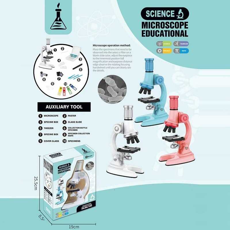 Мікроскоп 3305 (36) 3 кольори, збільшення 100х, 600х та 1200х, інструменти, скельця, підсвічування, на батарейках, в коробці, ВИДАЄТЬСЯ ТІЛЬКИ МІКС ВИДІВ