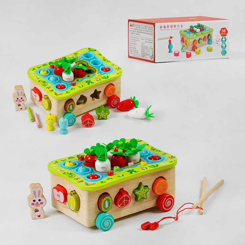 Ігровий центр С 58260 (16) 3в1, дерев’яний, каталка, сортер, магнітна риболовля, міні-город, в коробці