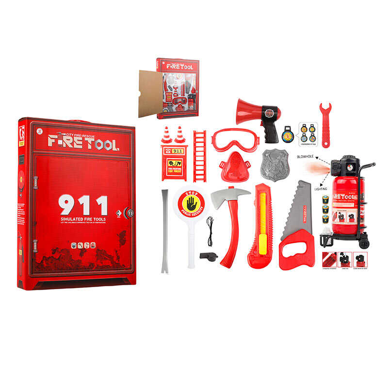 Набір пожежника BB 9020 D (24/2) вогнегасник із світлом, звуком сирени та парогенерацією, захисні окуляри, палиця зі знаком “Стоп”, респіратор, компас, гучномовець, лом, сокира, пила, в коробці