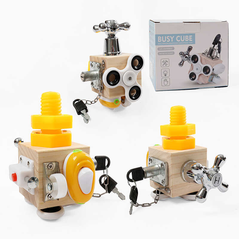 Бізіборд дерев’яний C 64876 (60) куб, 7 міні-ігор, вмикач, замок, кран, спінер, колесо, в коробці
